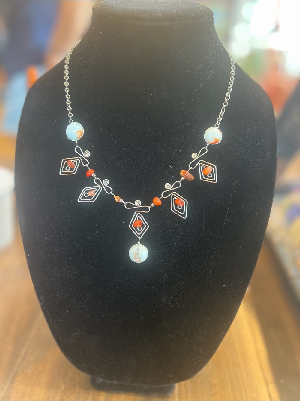 Women's Silver-Tone Agate Necklace with Brown-Orange Accents